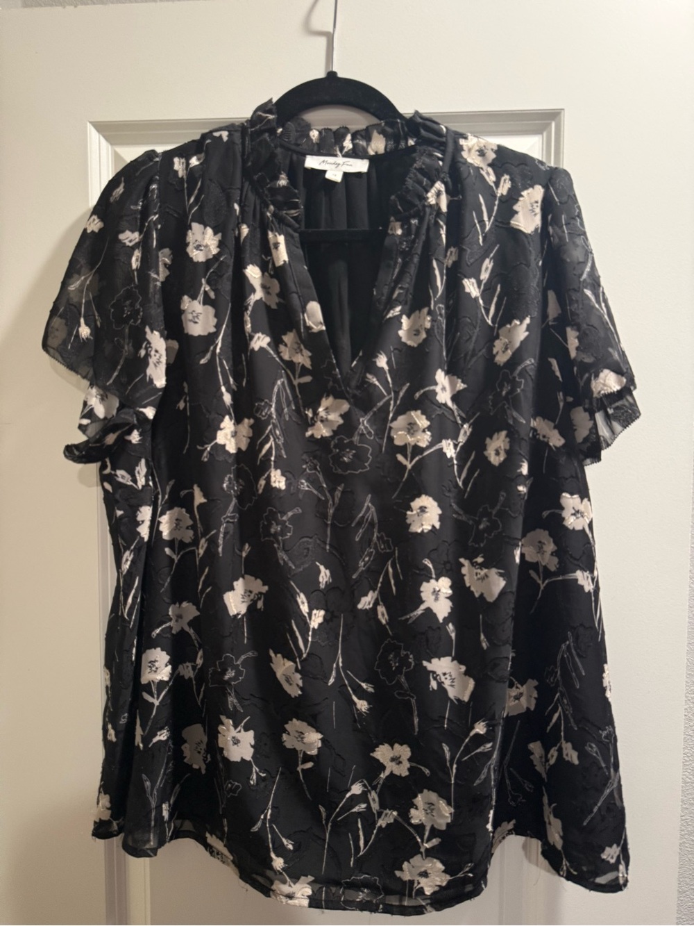 Black Floral Ruffle-Neck Blouse